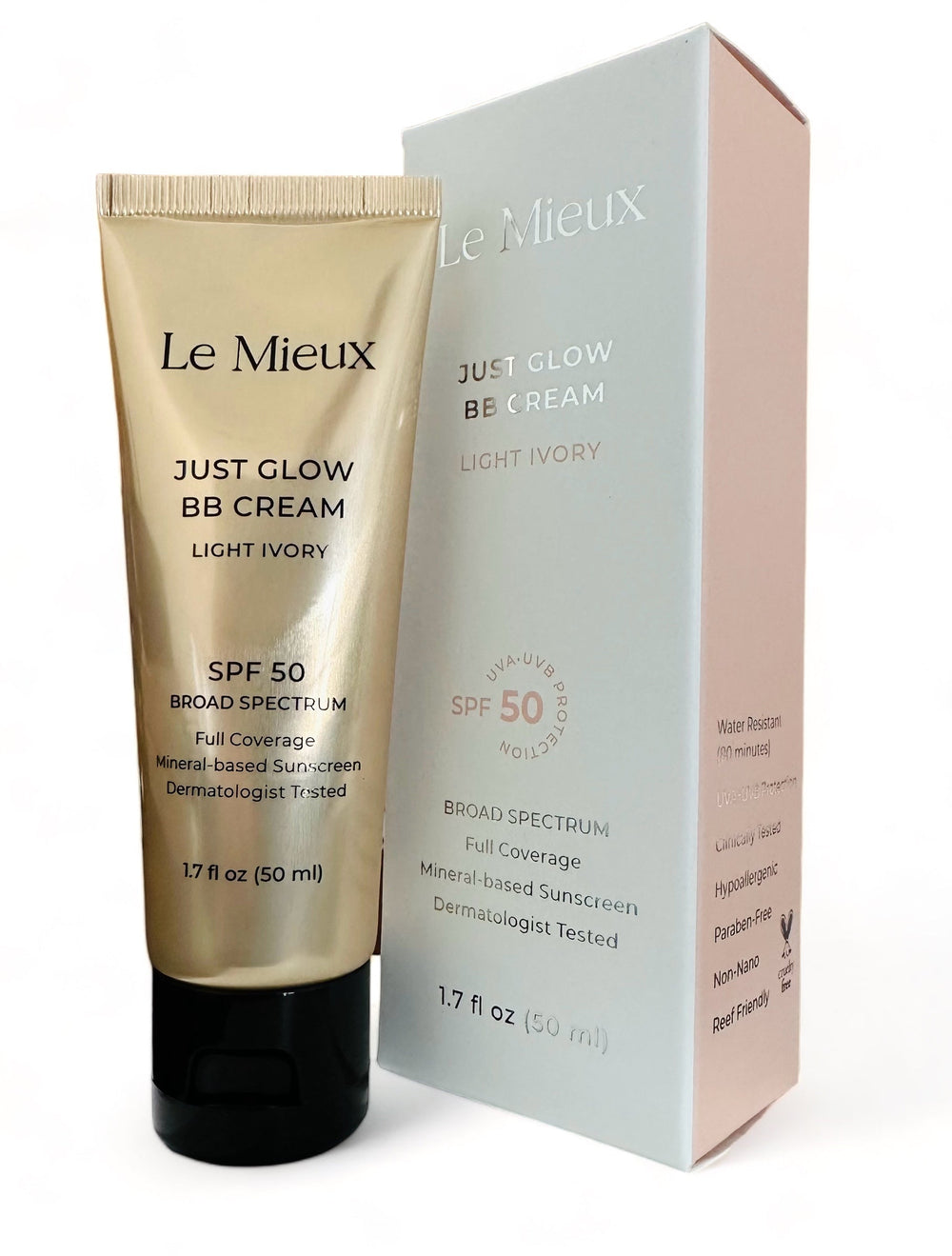 Le Mieux Just Glow BB Cream tube with SPF 50, showcasing smooth texture and lightweight formula for sun protection.