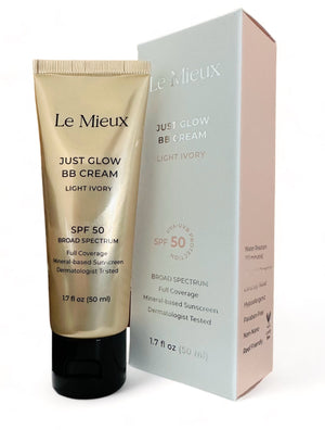 Le Mieux Just Glow BB Cream in a tube, showcasing SPF 50 for sun protection and a radiant finish.