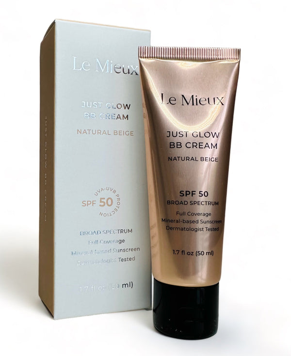 Le Mieux Just Glow BB Cream in a tube, showcasing its sun protection features and lightweight formula.