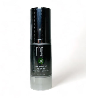 NeoGenesis Mandelic Acid 8% aging product in a sleek bottle, showcasing its label and texture against a neutral background.