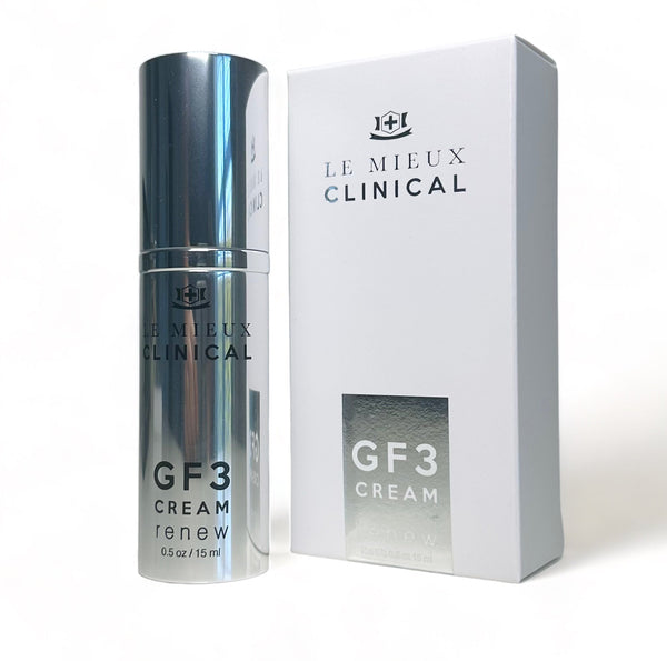 Le Mieux Clinical GF3 Cream Renew 0.5oz in a sleek jar, showcasing a smooth white cream texture for facial application.