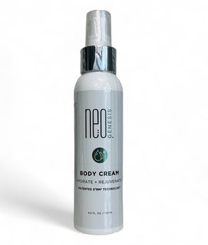 NeoGenesis Body Cream in a white jar, showcasing its creamy texture and label design against a neutral background.