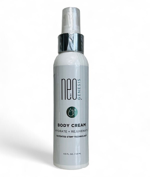 NeoGenesis Body Cream in a white jar, showcasing its creamy texture and label design against a neutral background.