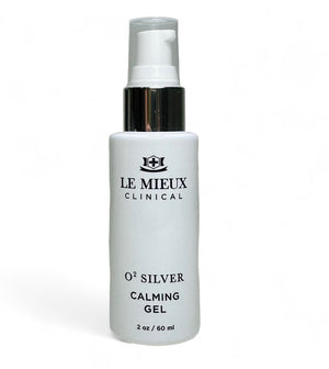 Le Mieux Clinical O2 Silver Calming Gel in a clear tube, highlighting its soothing texture and silver formulation.