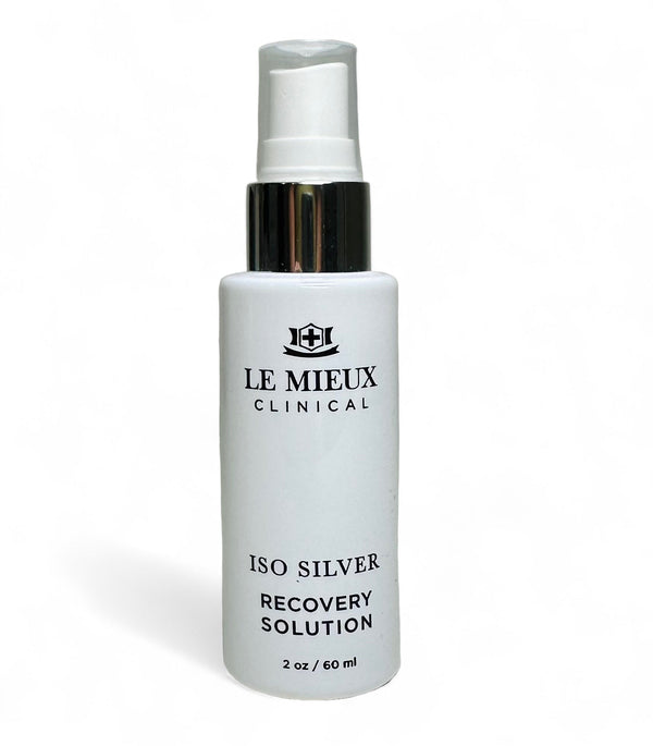 Le Mieux CLINICAL ISO Silver Recovery Solution Face Mist in a spray bottle, designed for soothing and hydrating the skin.