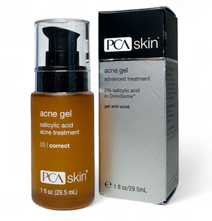 PCA Skin Acne Gel 1 fl oz in a bottle, designed for treating acne with a clear gel formula.