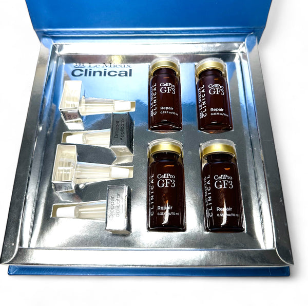 Le Mieux Clinical CellPro GF3 Serum Set featuring elegant packaging with growth factor serum bottles.