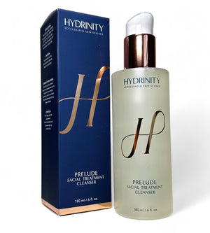 Hydrinity Prelude Facial Treatment Cleanser in a sleek bottle, showcasing a creamy texture for effective cleansing.