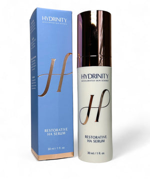 Hydrinity Restorative HA Serum in a 30 ml bottle, featuring a sleek design and label highlighting PPM⁶ Technology.