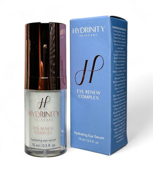 Hydrinity Eye Renew Complex eye serum in a sleek bottle, showcasing its nourishing formula for vibrant, refreshed eyes.
