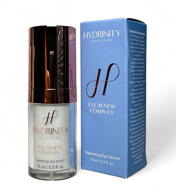 Hydrinity Eye Renew Complex eye serum in a sleek bottle, showcasing its nourishing formula for vibrant, refreshed eyes.