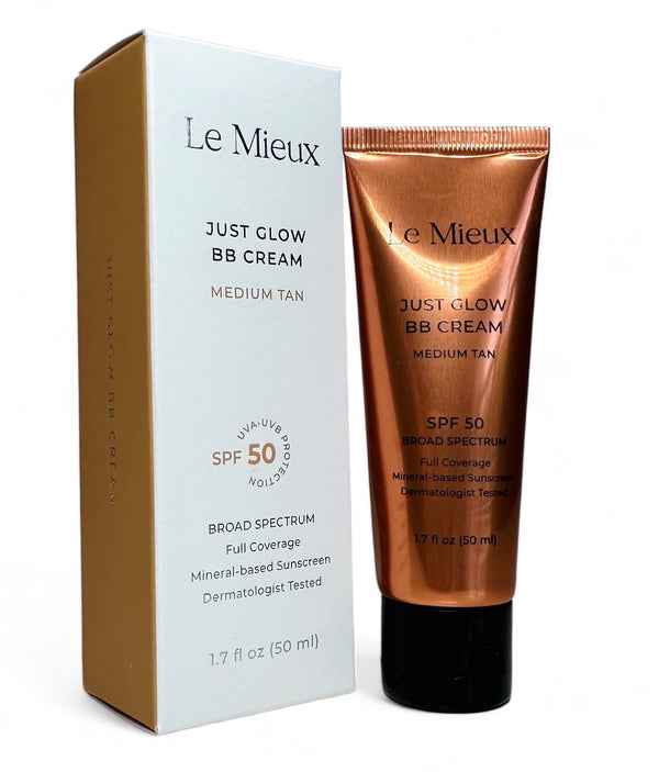 Le Mieux Just Glow BB Cream tube with SPF 50, showcasing smooth texture and lightweight formula for sun protection.