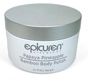 Epicuren Discovery Papaya Pineapple Bamboo Body Polish in a 6.7 Fl Oz jar with a textured, colorful label.