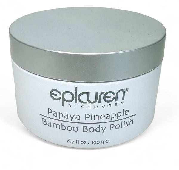 Epicuren Discovery Papaya Pineapple Bamboo Body Polish in a 6.7 Fl Oz jar with a textured, colorful label.