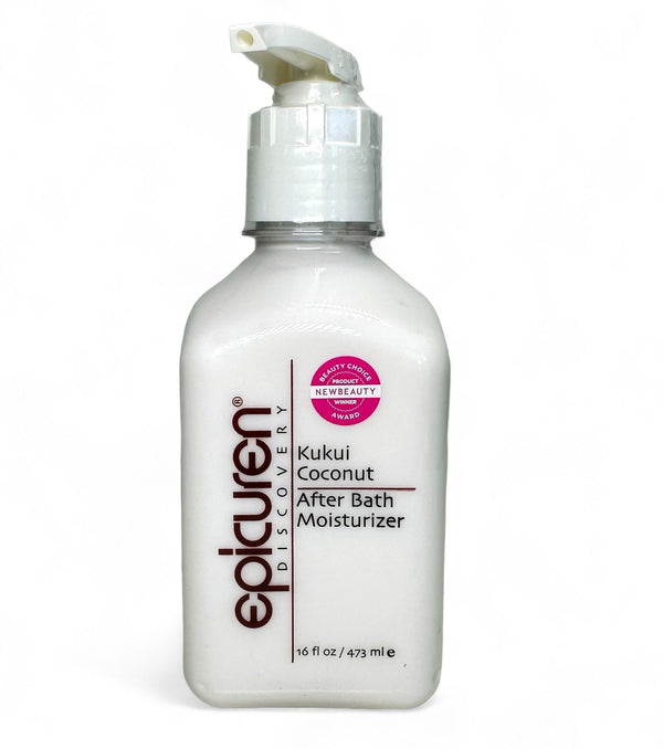 Epicuren Discovery Kukui Coconut After Bath Body Moisturizer in a sleek bottle, with a creamy texture and tropical scent.