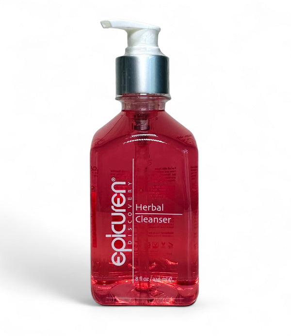 Epicuren Discovery Herbal Cleanser bottle with a clear label, surrounded by natural herbs and a soft towel.