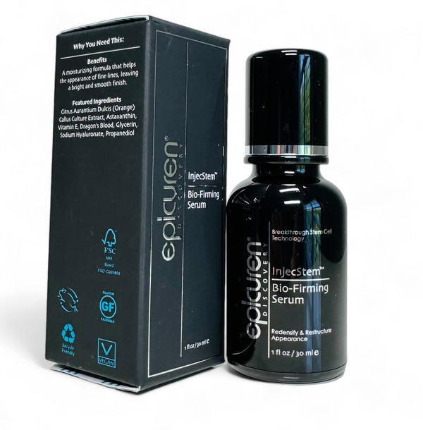 Epicuren Discovery InjecStem Bio-Firming Serum bottle with a sleek design, featuring a dropper for precise application.