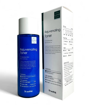 Dr. Esthe rejuvenating toner 200ml bottle with a sleek design, showcasing the label and liquid inside.