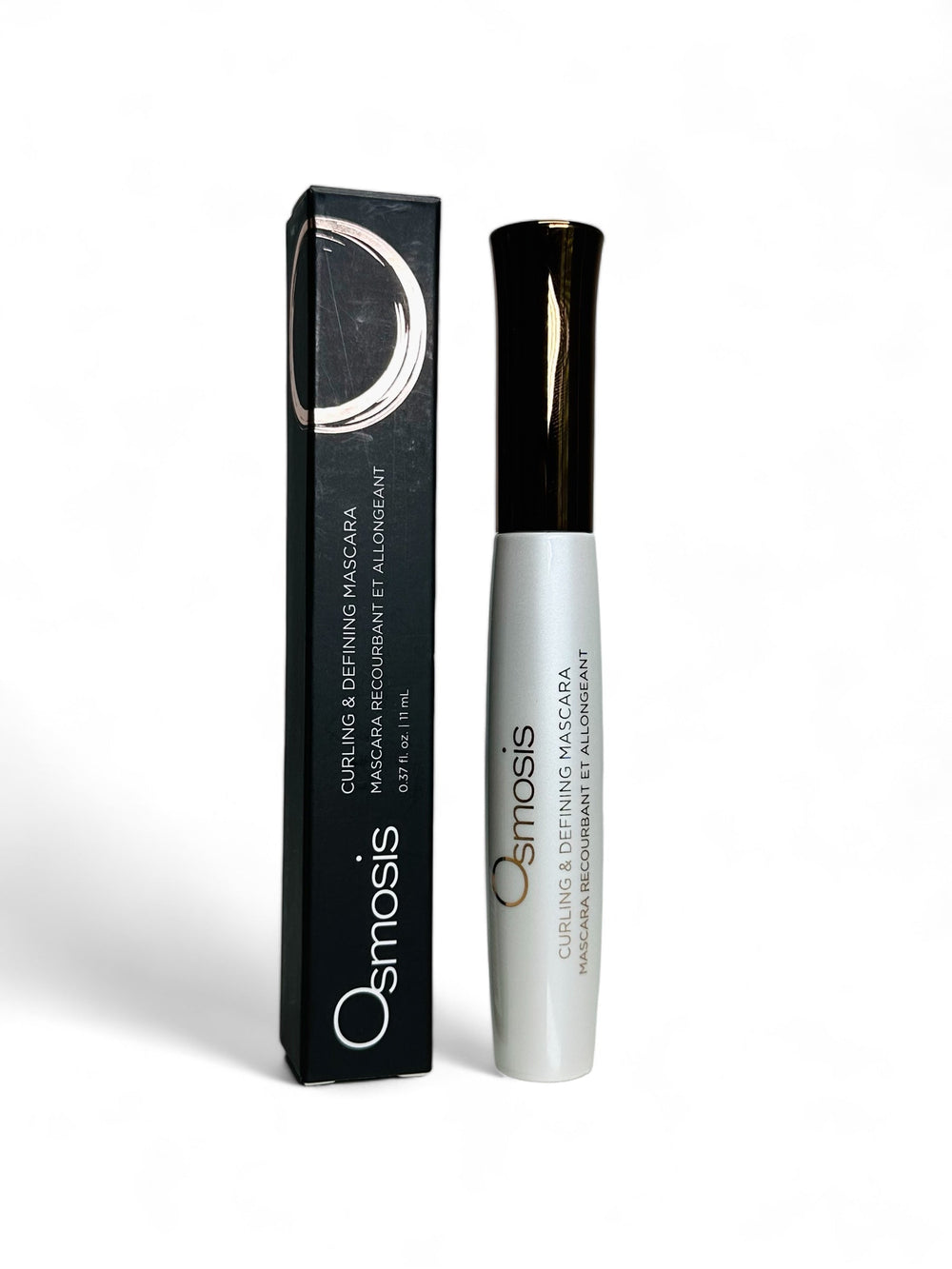 Osmosis Beauty Curling & Defining Mascara in a sleek tube, showcasing a brush designed for curling and defining lashes.