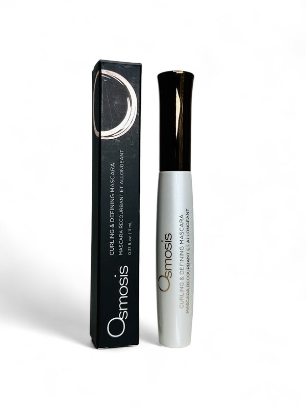 Osmosis Beauty Curling & Defining Mascara in a sleek tube, showcasing a brush designed for curling and defining lashes.