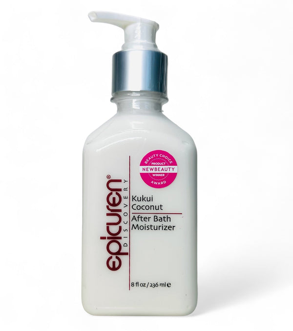 Epicuren Discovery KUKUI COCONUT After Bath Body Moisturizer bottle with tropical coconut design on a wooden background.