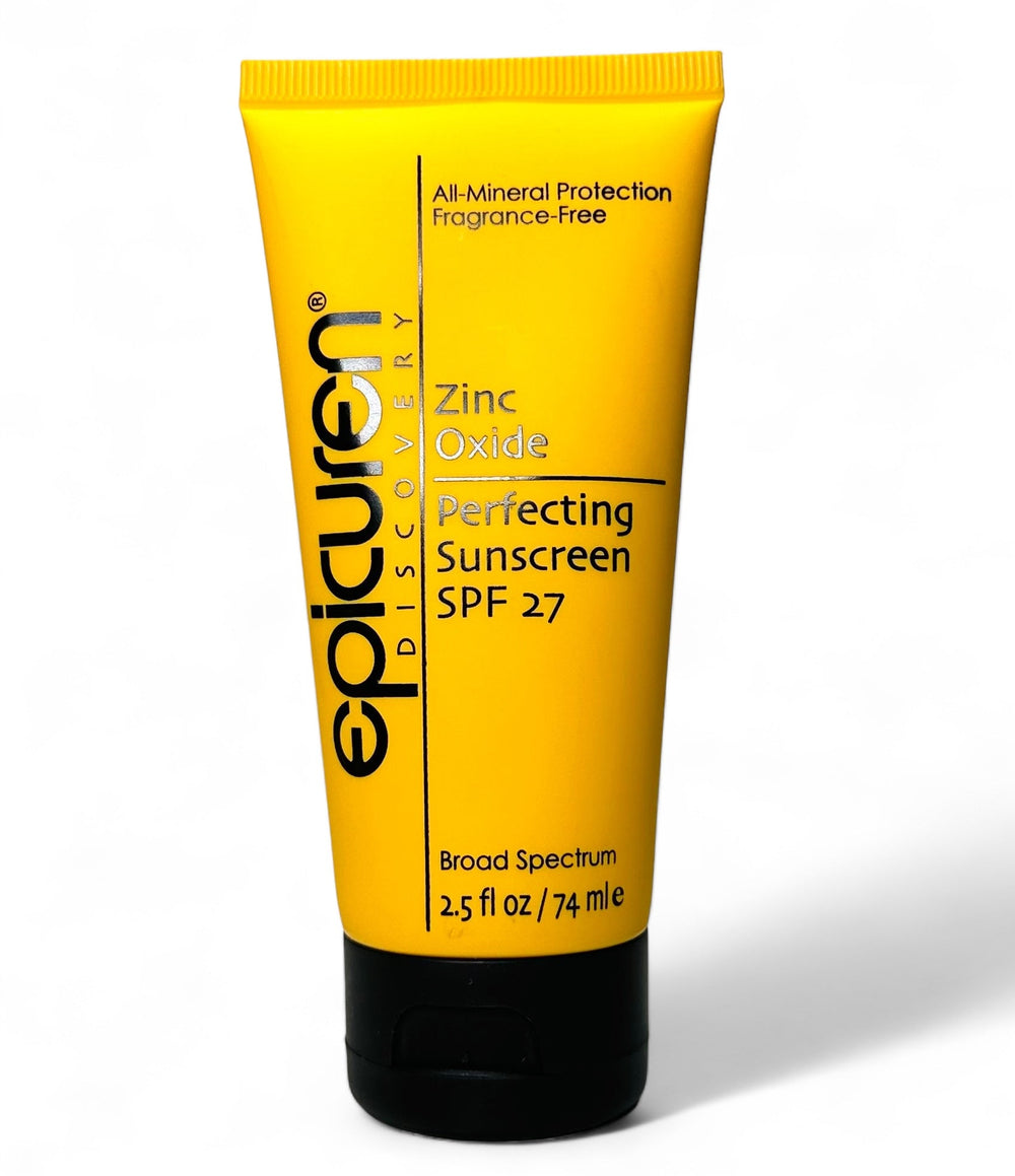 Epicuren Discovery Zinc Oxide Perfecting Sunscreen SPF 27 in a tube, showcasing the product's texture and packaging.