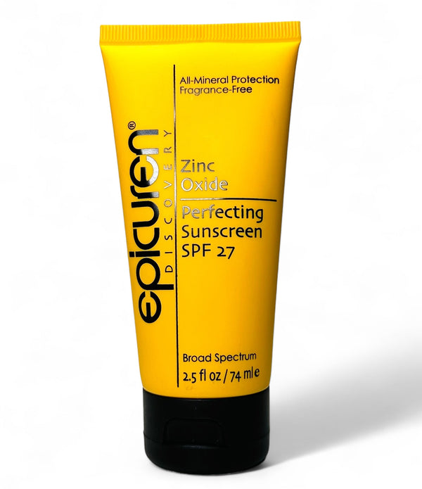 Epicuren Discovery Zinc Oxide Perfecting Sunscreen SPF 27 in a tube, showcasing the product's texture and packaging.
