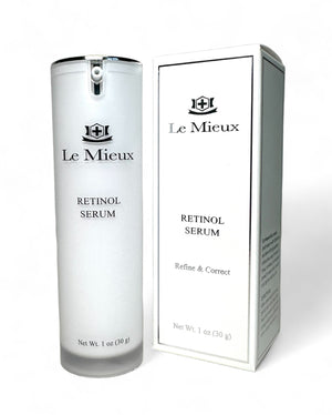 Le Mieux Anti Aging Retinol Serum in a sleek bottle, featuring skin smoothing peptides for a youthful appearance.