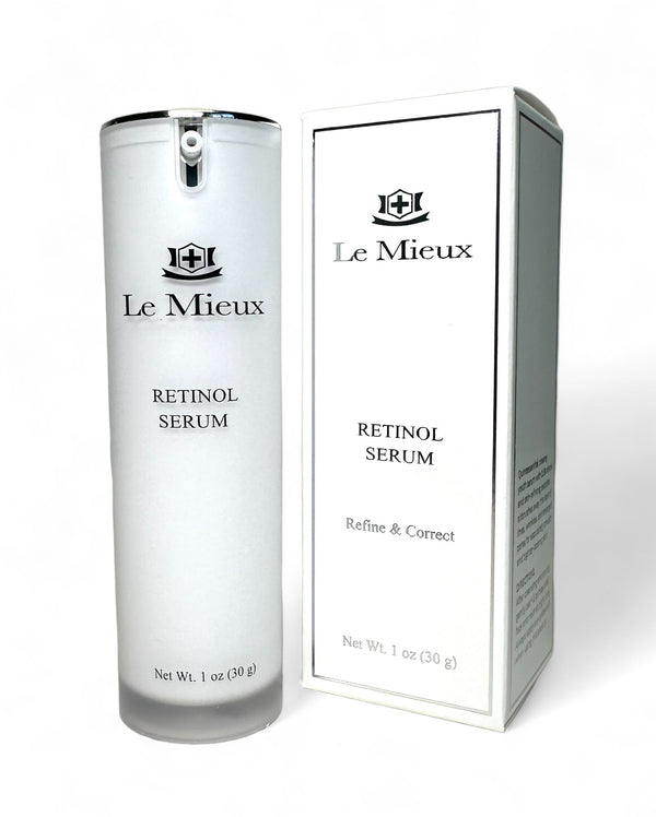 Le Mieux Anti Aging Retinol Serum in a sleek bottle, featuring skin smoothing peptides for a youthful appearance.