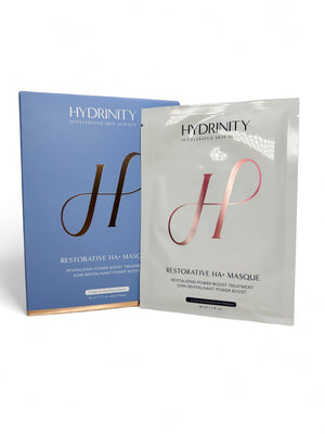 Hydrinity Restorative HA+ Face Mask in a jar, showcasing its creamy texture and vibrant packaging for revitalizing skin treatment.