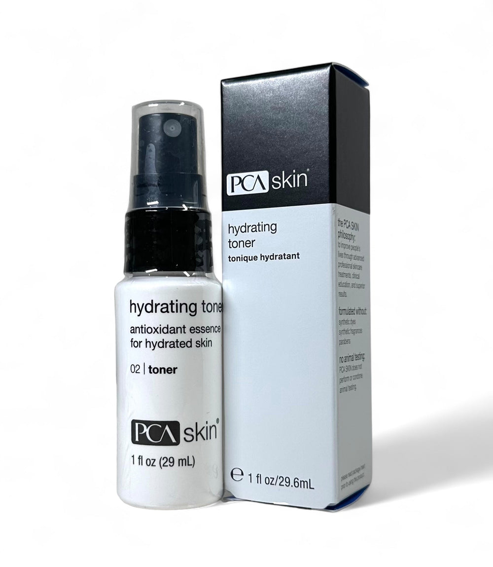 PCA Skin Hydrating Toner Spray 1 fl oz bottle with a sleek design, featuring a fine mist spray nozzle.
