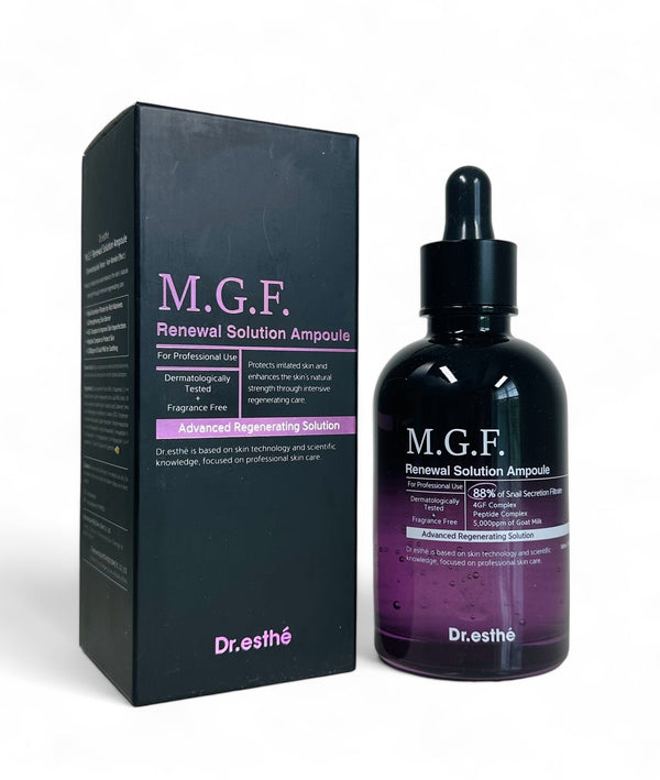 Dr. Esthe MGF Renewal Ampoule 150ml in a clear glass bottle with a dropper, showcasing its lightweight liquid texture.