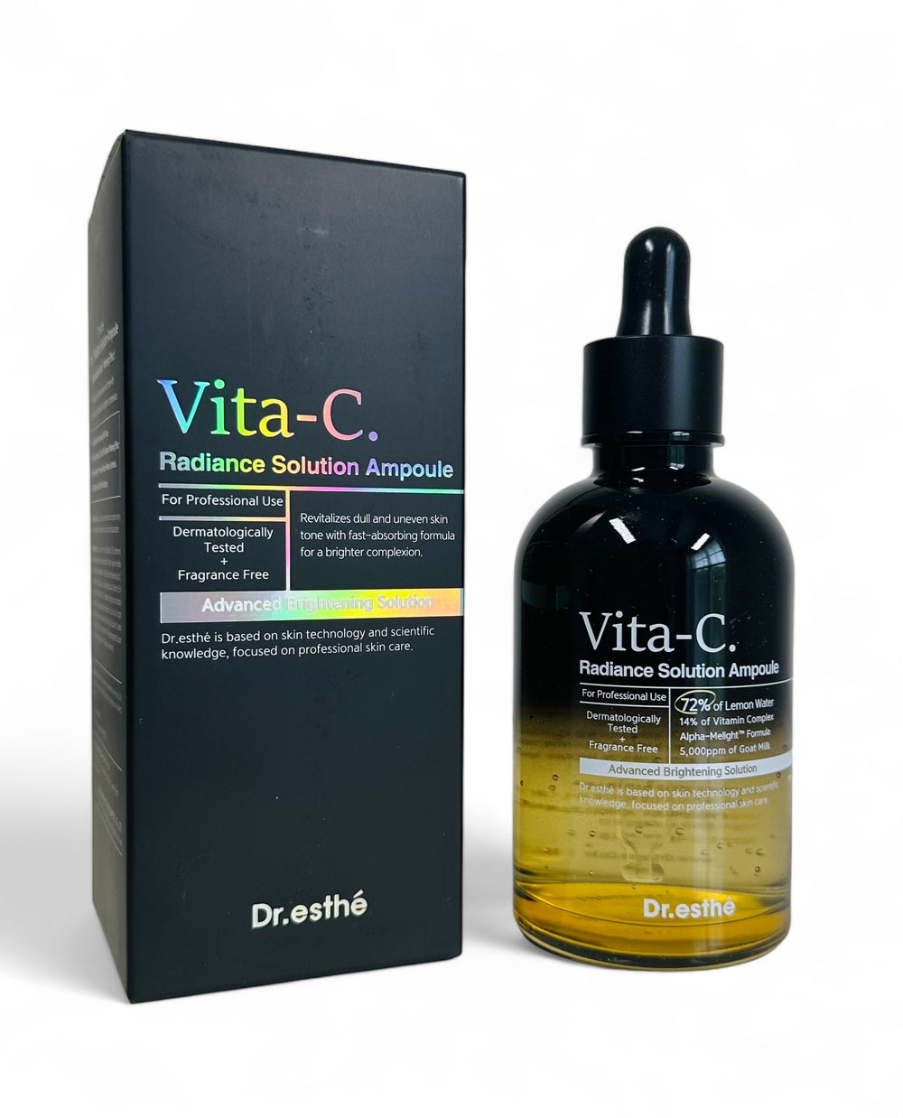 Dr. Esthe Vita-C Radiance Solution Ampoule in a 150ml bottle, showcasing its vibrant packaging and serum texture.