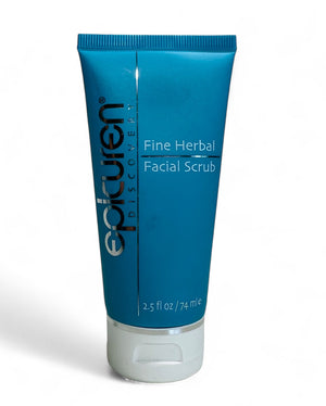 Epicuren Discovery Fine Herbal Facial Scrub in a jar with a textured surface, showcasing its exfoliating properties.