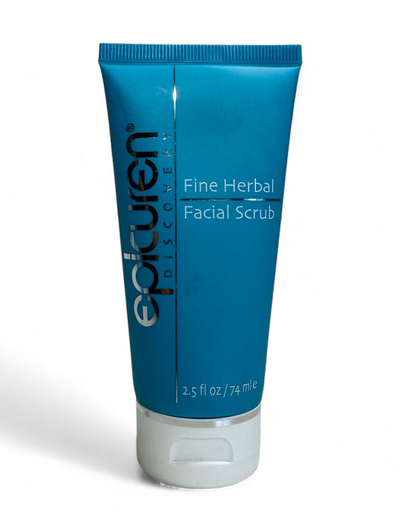 Epicuren Discovery Fine Herbal Facial Scrub in a jar with a textured surface, showcasing its exfoliating properties.