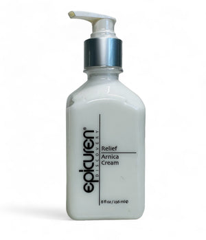 Epicuren Discovery Muscle Relief Arnica Cream in a tube, showcasing the label and creamy texture against a neutral background.