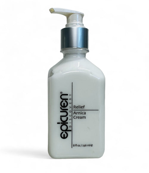 Epicuren Discovery Muscle Relief Arnica Cream in a tube, showcasing the label and creamy texture against a neutral background.