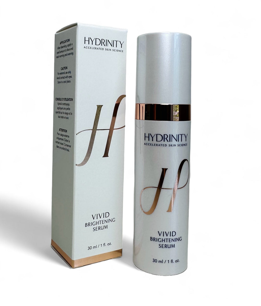 Hydrinity Vivid Brightening Serum in a clear dropper bottle with a vibrant texture, showcasing its brightening properties.