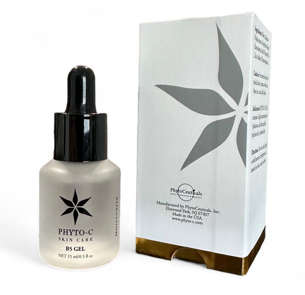 Phyto-C Skin Care B5 Gel 0.5 oz in a clear container with a dropper, showcasing its lightweight, hydrating formula.