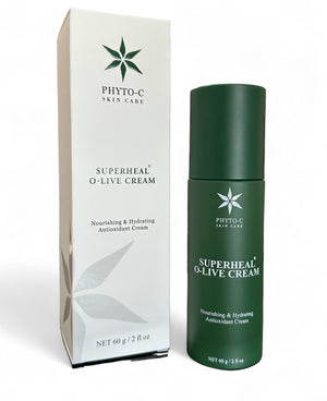 Phyto-C Skin Care SuperHeal™ O-Live Cream in a jar, showcasing its rich, creamy texture for moisturizing skin.