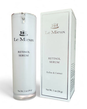 Le Mieux anti-aging retinol serum with skin smoothing peptides in a clear bottle against a neutral background.