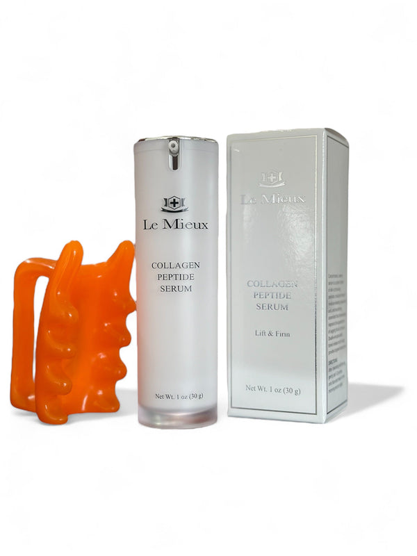 Le Mieux Collagen Peptide Serum in a 30 ml bottle with a free facial massager on a white background.