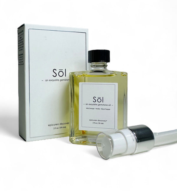 Epicuren Discovery Sol Exquisite Gemstone Oil 2oz bottle with a dropper, set against a neutral background.