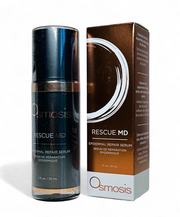 Osmosis Beauty Rescue MD Epidermal Repair Serum in a clear bottle with a dropper, set against a neutral background.