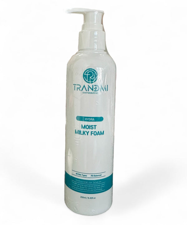 Tov Beauty Trandmi Hydra Moist Milky Foam 250ml bottle with a creamy texture for moisturizing skincare.