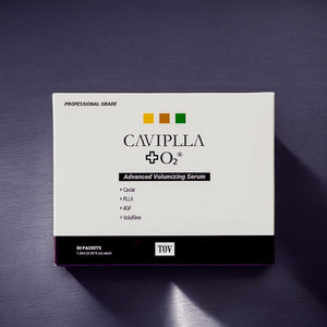 Tov Beauty PLLA HOP+ CAVIPLLA+O2 Advanced Volumizing Serum box with 30 travel-friendly pouches for easy use.