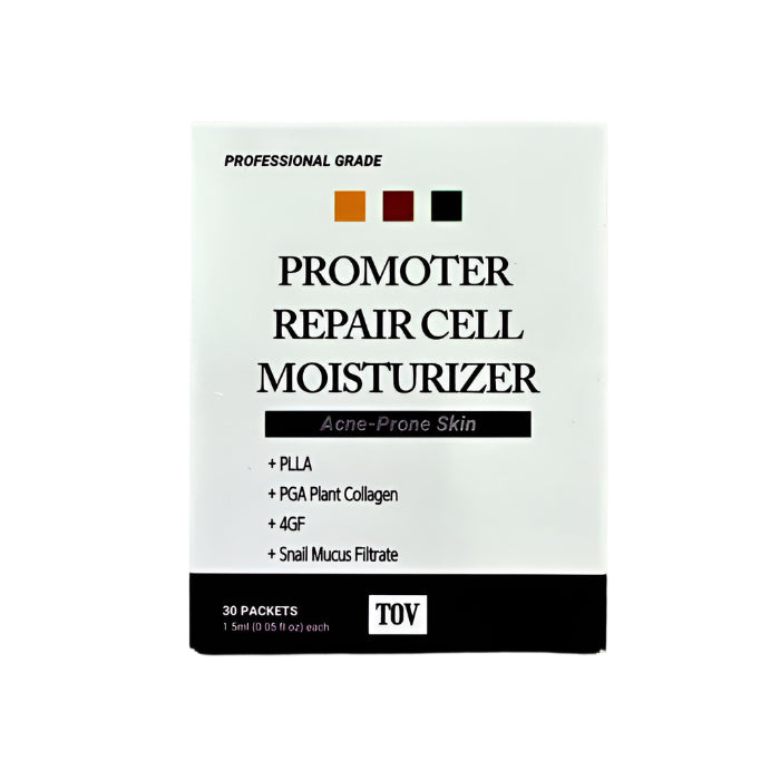 Promoter Repair Cell Moisturizer packaging on a reflective surface with a dark background