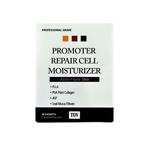Promoter Repair Cell Moisturizer packaging on a reflective surface with a dark background