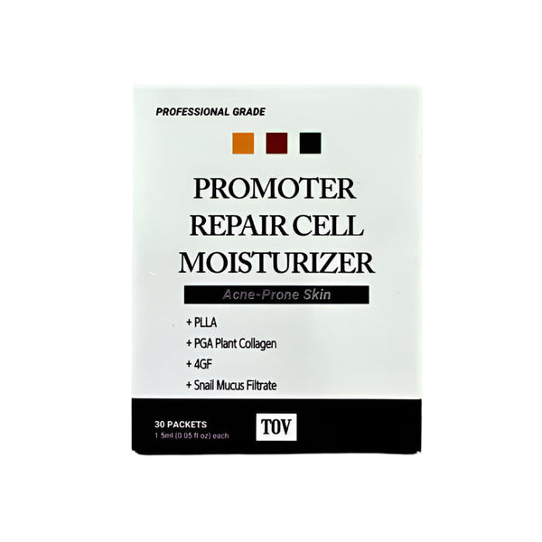 Promoter Repair Cell Moisturizer packaging on a reflective surface with a dark background