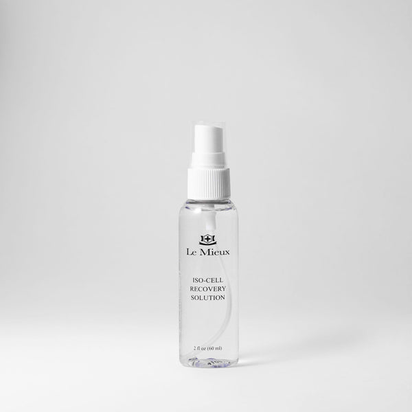 Le Mieux Iso-Cell Recovery Solution toner in a 2oz bottle with a cap, featuring clear liquid inside.
